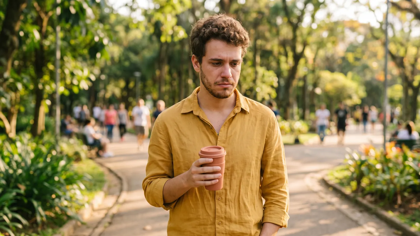 Homem caminhando sozinho em um parque, com expressão preocupada