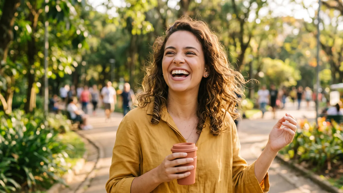 Mulher sorrindo em um parque, em um dia comum