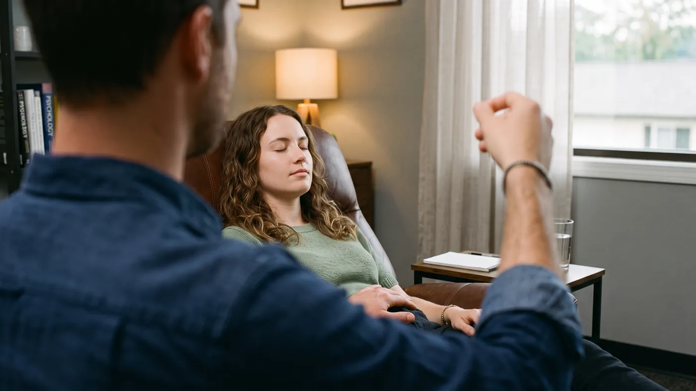 Sessão de hipnoterapia em consultório: paciente recostada e relaxada, terapeuta conduzindo